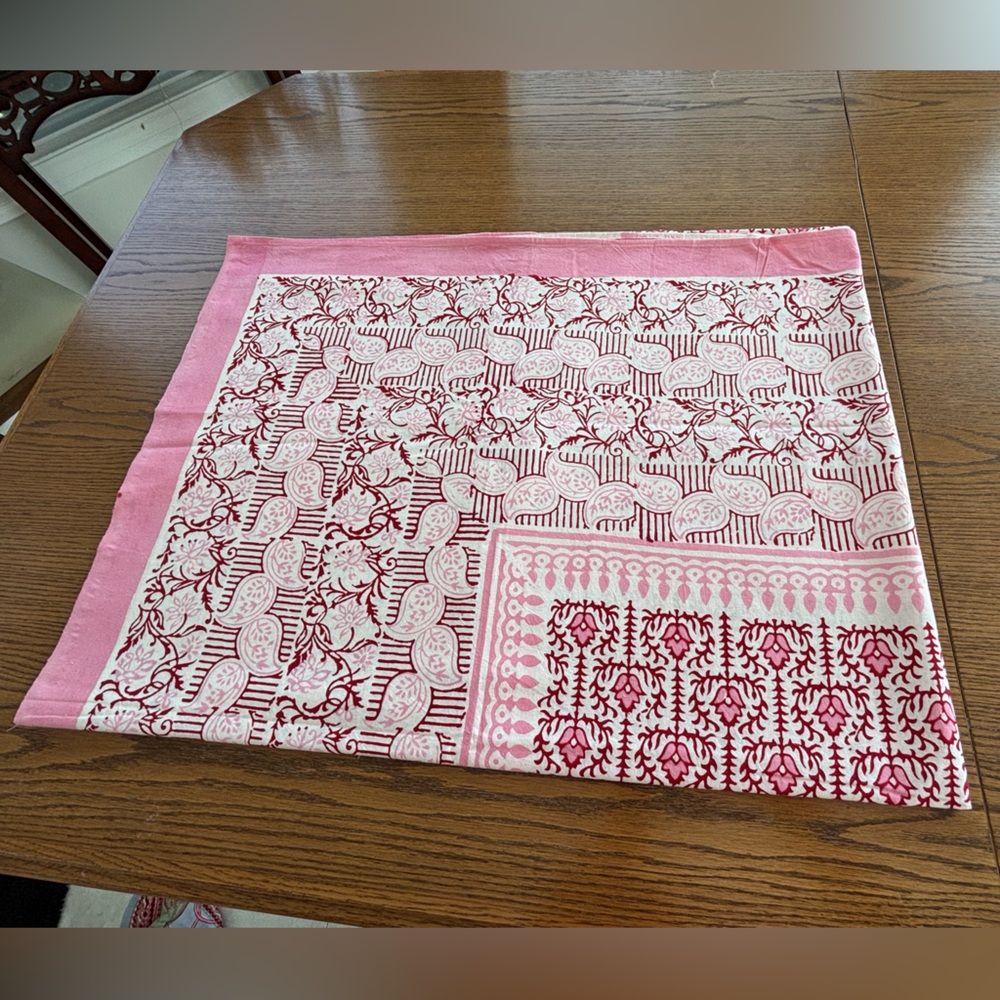 NWOT Pink Hand Block Printed Floral Rectangular Tablecloth
